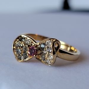 Vintage Bow Ring DAC Clear Diamond Like Stone Pave Center Pink Stone Gold Sz 8 ¼